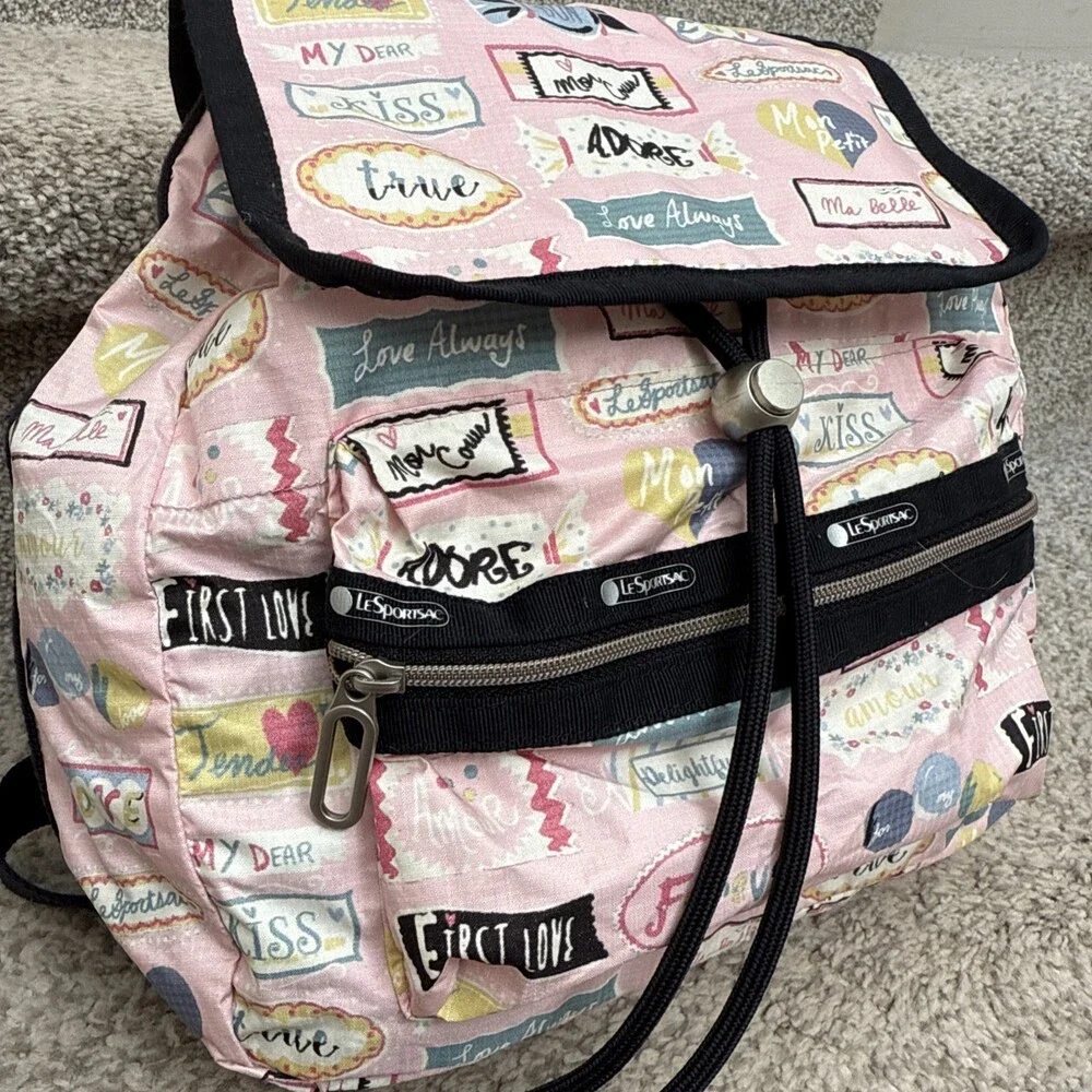 LeSportsac Small Mini Backpack Love Print Cinch Top Snap Closure Zipped Pockets